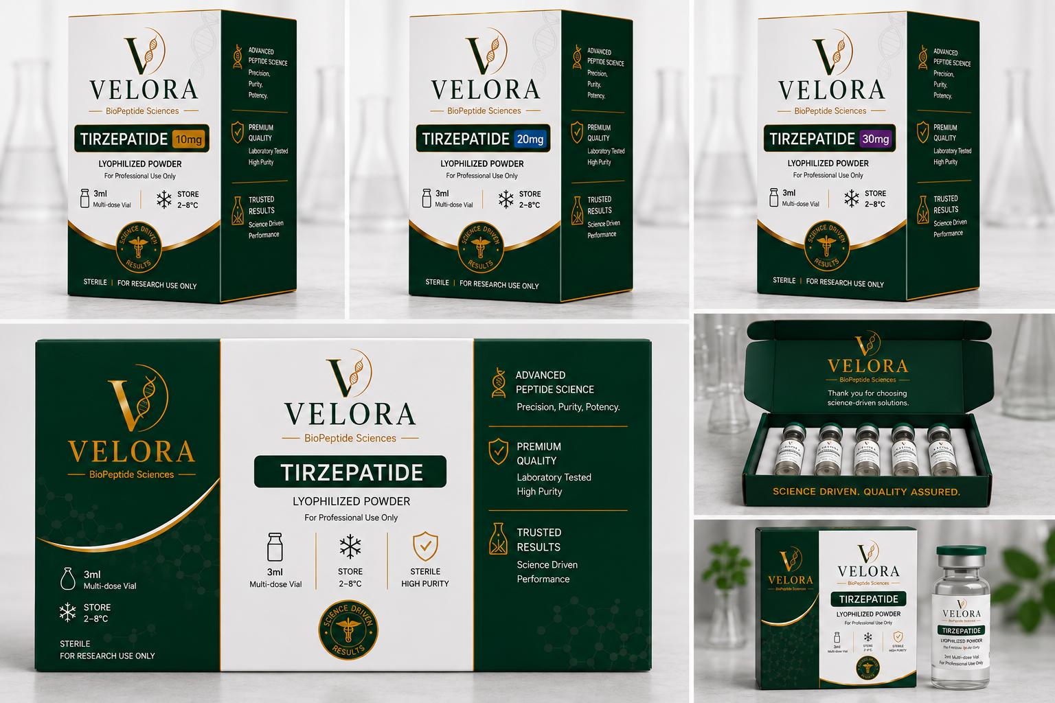 The Tirzepatide product family — boxes, vials, and editorial composition